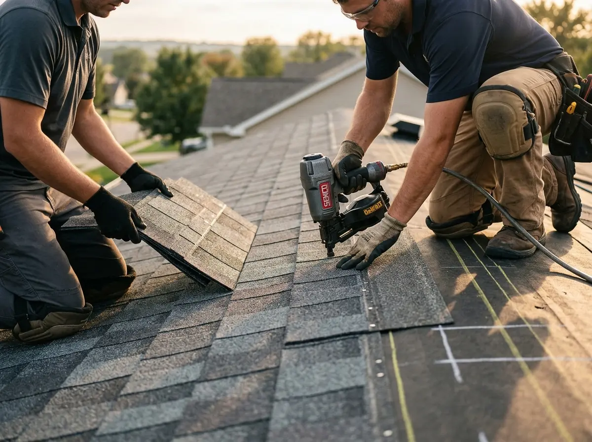 Professional roofer working on a residential roof in Grass Lake
